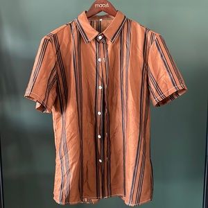 Rust Brown Striped Button Down Polyester Shirt (Size M)